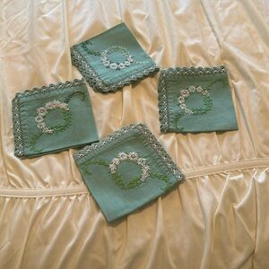 Pale Green Vintage Linen Napkins w/ Hand Crocheted Trim & Hand Embroidery
